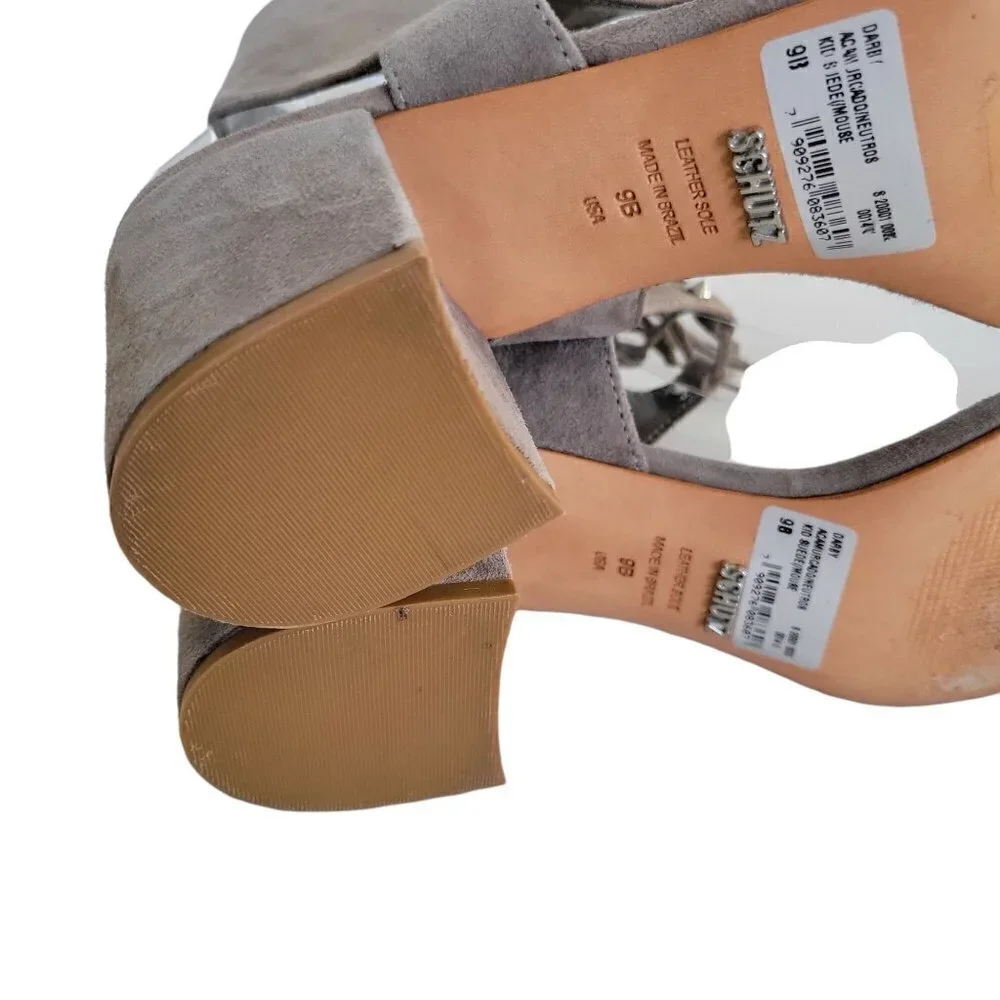 Schutz DARBY Suede Taupe Mouse Gladiator Heels Sandals Size 9B
